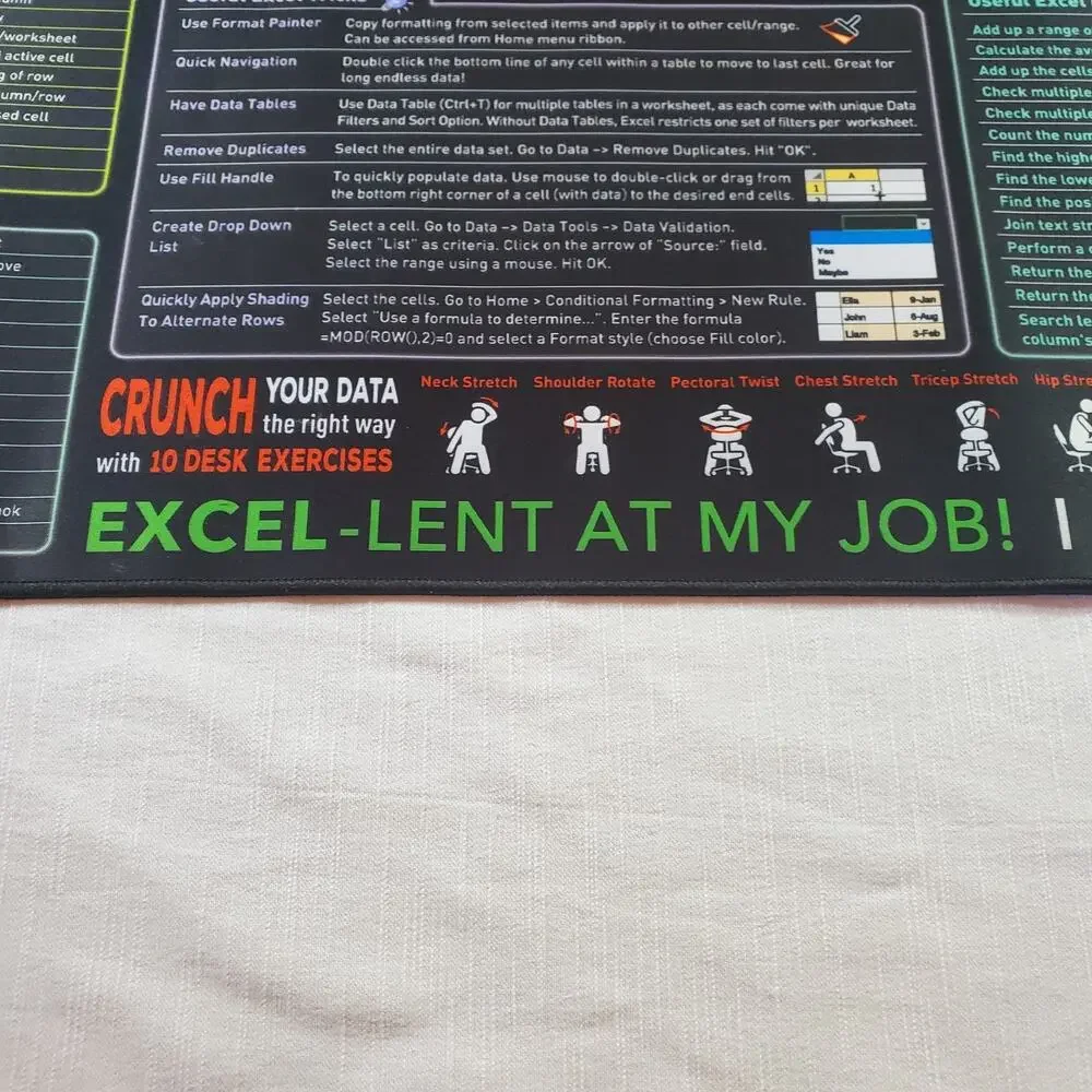 PIXIECUBE Excel Cheat Sheet Desk Mat Large Mouse Pad Office Shortcuts Guide